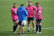 11 April 2022; Front row players, from left, Andrew Porter, Rónan Kelleher and Tadhg Furlong with forwards and scrum coach Robin McBryde during Leinster rugby squad training at Energia Park in Dublin. Photo by Brendan Moran/Sportsfile