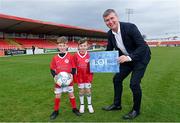 11 April 2022; Republic of Ireland manager Stephen Kenny, with Harry O'Grady, age 7, left, and Luke Foley, age 7, during a LOITV media event at The Showgrounds in Sligo. Photo by Ramsey Cardy/Sportsfile