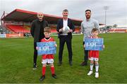 11 April 2022; Republic of Ireland manager Stephen Kenny, centre, with LOITV pundits Alan Keane, left, and Gavin peers, and Luke Foley, age 7, during a LOITV media event at The Showgrounds in Sligo. Photo by Ramsey Cardy/Sportsfile