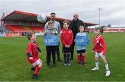 11 April 2022; LOITV pundits Gavin Peers, left, and Alan Keane, with Sligo Rovers supporters, from left, Harry O'Grady, age 7, Ronan McNally, age 10, Teddy Helion, age 10, Gloria Helion, age 7, Luke Foley, age 7, during a LOITV media event at The Showgrounds in Sligo. Photo by Ramsey Cardy/Sportsfile