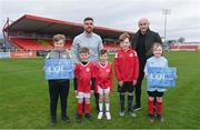 11 April 2022; LOITV pundits Gavin Peers, left, and Alan Keane, with Sligo Rovers supporters, from left, Ronan McNally, age 10, Harry O'Grady, age 7, Luke Foley, age 7, Teddy Helion, age 10, Gloria Helion, age 7, during a LOITV media event at The Showgrounds in Sligo. Photo by Ramsey Cardy/Sportsfile