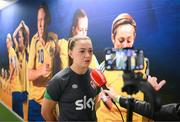 11 April 2022; Katie McCabe speaks to Newstalk's Off The Ball during a Republic of Ireland Women press conference at Gamla Ullevi in Gothenburg, Sweden. Photo by Stephen McCarthy/Sportsfile