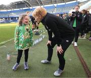 11 April 2022; Republic of Ireland manager Vera Pauw speaks with supporter Annie Mulholland, from Newbridge, Kildare, who celebrated her 7th birthday on Sunday and was invited by the FAI to visit the Republic of Ireland team's training session at Gamla Ullevi in Gothenburg, Sweden. Photo by Stephen McCarthy/Sportsfile