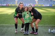 11 April 2022; Republic of Ireland's Leanne Kiernan, left, and Denise O'Sullivan with supporter Annie Mulholland, from Newbridge, Kildare, who celebrated her 7th birthday on Sunday and was invited by the FAI to visit the Republic of Ireland team's training session at Gamla Ullevi in Gothenburg, Sweden. Photo by Stephen McCarthy/Sportsfile
