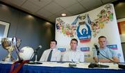 27 April 2004; Offaly's Ciaran McManus, left, Galway's Sean Og de Paor and Down's Brendan Coulter, right, at a Press Conference in Allianz House, Dublin, ahead of the Allianz National Football League Division 1 and 2 Finals in Croke Park on Sunday next. Picture credit; Brendan Moran / SPORTSFILE *EDI*