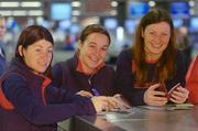 28 April 2004; Mayo footballers Christina Heffernan, left, and Michelle McGing, centre, members of the O'Neills/TG4 Ladies All-Stars, with Mayo team-mate Marcella Heffernan, a  member of the Rest of Ireland selection, pictured at Dublin Airport prior to their departure for the first ever All-Star Tour. The O'Neills/TG4 Ladies All-Stars will play a Rest of Ireland selection at Gaelic Park, New York, on Sunday next. Dublin Airport, Dublin. Picture credit; Brian Lawless / SPORTSFILE *EDI*