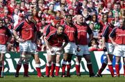 25 April 2004; Munster players, from left, Paul O'Connell, Stephen Keogh, Christian Cullen, Jim Williams, John Hayes, Anthony Foley and Frank Sheahan await a penalty by Alex King, London Wasps. Heineken European Cup 2003-2004, Semi-Final, Munster v London Wasps, Lansdowne Road, Dublin. Picture credit; Brendan Moran / SPORTSFILE *EDI*