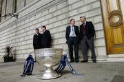 5 May 2004; The Bank of Ireland today celebrated the launch of the 2004 Bank of Ireland Football Championship. At the launch are, from left to right, John O'Mahony, Galway manager, Liam Kearns, Limerick manager, Mickey Harte, Tyrone manager, and Mick O'Dwyer, Laois manager, with the Sam Maguire cup.The launch signifies the start of a new four-year sponsorship deal from Bank of Ireland, with 2004 marking the 11th year that Bank of Ireland has supported the Football Championship. House of Lords, College Green, Dublin. Picture credit; Ray McManus / SPORTSFILE *EDI*