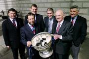 5 May 2004; The Bank of Ireland today celebrated the launch of the 2004 Bank of Ireland Football Championship. At the launch are, from left to right, John O'Mahony, Galway manager, Sean Kelly, President of the GAA, Liam Kearns, Limerick manager, Mickey Harte, Tyrone manager, John Collins, CEO, Bank of Ireland Retail Businesses, and Mick O'Dwyer, Laois manager, with the Sam Maguire cup. The launch signifies the start of a new four-year sponsorship deal from Bank of Ireland, with 2004 marking the 11th year that Bank of Ireland has supported the Football Championship. House of Lords, College Green, Dublin. Picture credit; Ray McManus / SPORTSFILE *EDI*