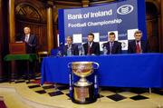 5 May 2004; The Bank of Ireland today celebrated the launch of the 2004 Bank of Ireland Football Championship. Speaking at the launch is John Collins, CEO, Bank of Ireland Retail Businesses, left, with football managers, from left to right, Mickey Harte, Tyrone, John O'Mahony, Galway, Liam Kearns, Limerick, and Mick O'Dwyer, Laois. The launch signifies the start of a new four-year sponsorship deal from Bank of Ireland, with 2004 marking the 11th year that Bank of Ireland has supported the Football Championship. House of Lords, College Green, Dublin. Picture credit; Ray McManus / SPORTSFILE *EDI*