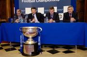 5 May 2004; The Bank of Ireland today celebrated the launch of the 2004 Bank of Ireland Football Championship. At the launch are, from left to right, Mickey Harte, Tyrone manager, John O'Mahony, Galway manager, Liam Kearns, Limerick manager, and Mick O'Dwyer, Laois manager, with the Sam maguire cup. The launch signifies the start of a new four-year sponsorship deal from Bank of Ireland, with 2004 marking the 11th year that Bank of Ireland has supported the Football Championship. House of Lords, College Green, Dublin. Picture credit; Ray McManus / SPORTSFILE *EDI*