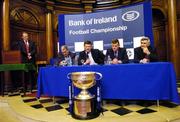 5 May 2004; The Bank of Ireland today celebrated the launch of the 2004 Bank of Ireland Football Championship. At the launch are, from left to right, Michael O'Muircheartaigh, Mickey Harte, Tyrone manager, John O'Mahony, Galway manager, Liam Kearns, Limerick manager, and Mick O'Dwyer, Laois manager, with the Sam Maguire cup. The launch signifies the start of a new four-year sponsorship deal from Bank of Ireland, with 2004 marking the 11th year that Bank of Ireland has supported the Football Championship. House of Lords, College Green, Dublin. Picture credit; Ray McManus / SPORTSFILE *EDI*