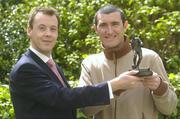 6 May 2004; Shelbourne's Jason Byrne, right, is presented with the eircom / Soccer Writers Association of Ireland Player of the Month for April by Mark Lee, Head of Sponsorship, eircom. Merrion Hotel, Dublin. Picture credit; Damien Eagers / SPORTSFILE *EDI*