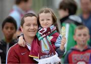 4 August 2013; Aston Villa supporters, five year old, Aime Dunleavy and her dad Ger, from Mitchelstown, Co. Cork at the game. Friendly, Shamrock Rovers v Aston Villa, Tallaght Stadium, Tallaght, Co. Dublin. Picture credit: Matt Browne / SPORTSFILE