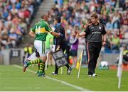 4 August 2013; Kerry manager Eamonn Fitzmaurice greets Kieran Donaghy as he is replaced during a second half substitution. GAA Football All-Ireland Senior Championship, Quarter-Final, Kerry v Cavan, Croke Park, Dublin. Picture credit: Stephen McCarthy / SPORTSFILE