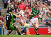 4 August 2013; Cillian O'Connor, Mayo, shoots to score his first goal past Donegal goalkeeper Paul Durcan Donegal. GAA Football All-Ireland Senior Championship, Quarter-Final, Mayo v Donegal, Croke Park, Dublin. Photo by Sportsfile