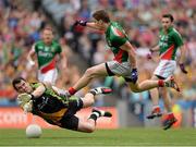 4 August 2013; Donegal goalkeeper Paul Durcan saves from Lee Keegan, Mayo. GAA Football All-Ireland Senior Championship, Quarter-Final, Mayo v Donegal, Croke Park, Dublin. Picture credit: Stephen McCarthy / SPORTSFILE