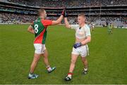 4 August 2013; Mayo's Aidan O'Shea and Kevin Keane, right, following their victory. GAA Football All-Ireland Senior Championship, Quarter-Final, Mayo v Donegal, Croke Park, Dublin. Picture credit: Stephen McCarthy / SPORTSFILE