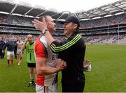 4 August 2013; Mayo manager James Horan congratulates his goalkeeper Robert Hennelly after the game. GAA Football All-Ireland Senior Championship, Quarter-Final, Mayo v Donegal, Croke Park, Dublin. Picture credit: Ray McManus / SPORTSFILE