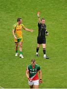 4 August 2013; Aidan O'Shea, Mayo, leaves the pitch after receiving a red card from referee Joe McQuillan in injury time. GAA Football All-Ireland Senior Championship, Quarter-Final, Mayo v Donegal, Croke Park, Dublin. Picture credit: Dáire Brennan / SPORTSFILE