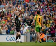 4 August 2013; Referee Joe McQuillan shows Donegal's Éamonn McGee a red card. GAA Football All-Ireland Senior Championship, Quarter-Final, Mayo v Donegal, Croke Park, Dublin. Picture credit: Ray McManus / SPORTSFILE