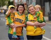 4 August 2013; Donegal supporters, from left, Conor McGrath, aged 3, his mother Noelle McGrath, Lisa McGrath, and her son Aidan, aged 1, all from from Glenswilly, Co. Donegal. GAA Football All-Ireland Senior Championship, Quarter-Final, Mayo v Donegal, Croke Park, Dublin. Picture credit: Dáire Brennan / SPORTSFILE