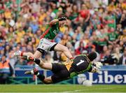 4 August 2013; Donegal goalkeeper Paul Durcan saves from Lee Keegan, Mayo. GAA Football All-Ireland Senior Championship, Quarter-Final, Mayo v Donegal, Croke Park, Dublin Picture credit: Ray McManus / SPORTSFILE