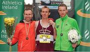 5 August 2013; Winner of the Men's Woodie’s DIY National Half Marathon, Mark Christie, centre, Mullingar Harriers A.C., Co. Westmeath, with second placed  Sean Hehir, right, Rathfarnham W.S.A.F. A.C., Dublin, and third placed Gary O'Hanlon, Clonliffe Harriers, A.C., Dublin. Woodie’s DIY National Half Marathon Championships. Earlsfort Terrace, Dublin. Picture credit: Tomas Greally / SPORTSFILE