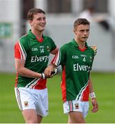 5 August 2013; Liam Irwin, left, and Michael Hall, Mayo, celebrate at the end of the game. Electric Ireland GAA Football All-Ireland Minor Championship Quarter-Final, Mayo v Westmeath, O'Connor Park, Tullamore, Co. Offaly. Picture credit: David Maher / SPORTSFILE