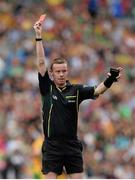 4 August 2013; Referee Joe McQuillan issues a red card. GAA Football All-Ireland Senior Championship, Quarter-Final, Mayo v Donegal, Croke Park, Dublin. Picture credit: Stephen McCarthy / SPORTSFILE