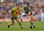 4 August 2013; Enda Varley, Mayo, in action against Paddy McGrath, Donegal. GAA Football All-Ireland Senior Championship, Quarter-Final, Mayo v Donegal, Croke Park, Dublin. Picture credit: Stephen McCarthy / SPORTSFILE