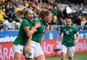 12 April 2022; Katie McCabe of Republic of Ireland celebrates with teammate Denise O'Sullivan, left, after scoring their side's first goal during the FIFA Women's World Cup 2023 qualifying match between Sweden and Republic of Ireland at Gamla Ullevi in Gothenburg, Sweden. Photo by Stephen McCarthy/Sportsfile