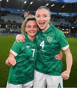 12 April 2022; Republic of Ireland players Leanne Kiernan, left, and Louise Quinn celebrate after the FIFA Women's World Cup 2023 qualifying match between Sweden and Republic of Ireland at Gamla Ullevi in Gothenburg, Sweden. Photo by Stephen McCarthy/Sportsfile