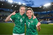 12 April 2022; Republic of Ireland players Megan Connolly, left, and Leanne Kiernan celebrate after the FIFA Women's World Cup 2023 qualifying match between Sweden and Republic of Ireland at Gamla Ullevi in Gothenburg, Sweden. Photo by Stephen McCarthy/Sportsfile