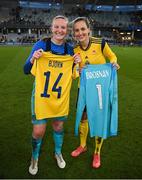 12 April 2022; Republic of Ireland goalkeeper Courtney Brosnan and Nathalie Björn of Sweden swap jerseys after the FIFA Women's World Cup 2023 qualifying match between Sweden and Republic of Ireland at Gamla Ullevi in Gothenburg, Sweden. Photo by Stephen McCarthy/Sportsfile