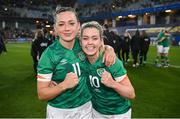 12 April 2022; Republic of Ireland players, Katie McCabe, left, and Denise O'Sullivan celebrate after the FIFA Women's World Cup 2023 qualifying match between Sweden and Republic of Ireland at Gamla Ullevi in Gothenburg, Sweden. Photo by Stephen McCarthy/Sportsfile