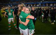 12 April 2022; Republic of Ireland players Ruesha Littlejohn, left, and Denise O'Sullivan celebrate after the FIFA Women's World Cup 2023 qualifying match between Sweden and Republic of Ireland at Gamla Ullevi in Gothenburg, Sweden. Photo by Stephen McCarthy/Sportsfile