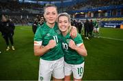 12 April 2022; Denise O'Sullivan, right, and Katie McCabe of Republic of Ireland after the FIFA Women's World Cup 2023 qualifying match between Sweden and Republic of Ireland at Gamla Ullevi in Gothenburg, Sweden. Photo by Stephen McCarthy/Sportsfile