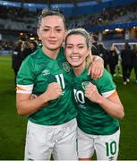 12 April 2022; Denise O'Sullivan, right, and Katie McCabe of Republic of Ireland after the FIFA Women's World Cup 2023 qualifying match between Sweden and Republic of Ireland at Gamla Ullevi in Gothenburg, Sweden. Photo by Stephen McCarthy/Sportsfile