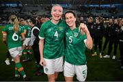 12 April 2022; Republic of Ireland players Louise Quinn, left, and Niamh Fahey after the FIFA Women's World Cup 2023 qualifying match between Sweden and Republic of Ireland at Gamla Ullevi in Gothenburg, Sweden. Photo by Stephen McCarthy/Sportsfile