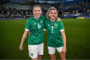 12 April 2022; Republic of Ireland players Megan Connolly, left, and Leanne Kiernan after the FIFA Women's World Cup 2023 qualifying match between Sweden and Republic of Ireland at Gamla Ullevi in Gothenburg, Sweden. Photo by Stephen McCarthy/Sportsfile