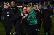 12 April 2022; Republic of Ireland physiotherapist Kathryn Fahy, left, and Claire O'Riordan of Republic of Ireland celebrate after the FIFA Women's World Cup 2023 qualifying match between Sweden and Republic of Ireland at Gamla Ullevi in Gothenburg, Sweden. Photo by Stephen McCarthy/Sportsfile