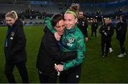 12 April 2022; Republic of Ireland physiotherapist Kathryn Fahy, left, and Claire O'Riordan of Republic of Ireland celebrate after the FIFA Women's World Cup 2023 qualifying match between Sweden and Republic of Ireland at Gamla Ullevi in Gothenburg, Sweden. Photo by Stephen McCarthy/Sportsfile