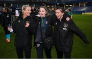 12 April 2022; Lily Agg of Republic of Ireland, left, Republic of Ireland digital media coordinator Emma Clinton, centre, and Abbie Larkin of Republic of Ireland celebrate after the FIFA Women's World Cup 2023 qualifying match between Sweden and Republic of Ireland at Gamla Ullevi in Gothenburg, Sweden. Photo by Stephen McCarthy/Sportsfile