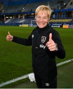 12 April 2022; Republic of Ireland manager Vera Pauw celebrates after the FIFA Women's World Cup 2023 qualifying match between Sweden and Republic of Ireland at Gamla Ullevi in Gothenburg, Sweden. Photo by Stephen McCarthy/Sportsfile