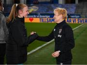 12 April 2022; Republic of Ireland manager Vera Pauw, right, with Republic of Ireland goalkeeper Courtney Brosnan after the FIFA Women's World Cup 2023 qualifying match between Sweden and Republic of Ireland at Gamla Ullevi in Gothenburg, Sweden. Photo by Stephen McCarthy/Sportsfile