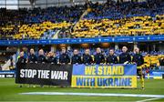 12 April 2022; Sweden players stand with a banner in support of Ukraine before the FIFA Women's World Cup 2023 qualifying match between Sweden and Republic of Ireland at Gamla Ullevi in Gothenburg, Sweden. Photo by Stephen McCarthy/Sportsfile
