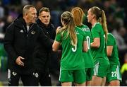 12 April 2022; Northern Ireland manager Kenny Shiels speaks to players during the FIFA Women's World Cup 2023 qualifier match between Northern Ireland and England at National Stadium at Windsor Park in Belfast. Photo by Ramsey Cardy/Sportsfile