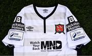 13 April 2022; Dundalk FC have announced a special one-off jersey to be worn in their SSE Airtricity League Premier Division match against Shelbourne on Friday, April 22, to raise awareness for the Watch Your Back MND Charity. The charity was set up by Dundalk-native Roy Taylor who was diagnosed with Motor Neurone Disease in 2018. Each jersey will be auctioned to the highest bidder, with the proceeds going directly to the charity. To donate, please visit http://watchyourbackmnd.com/ for more details. A detailed view of the jersey at Oriel Park in Dundalk, Louth. Photo by Ben McShane/Sportsfile