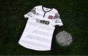 13 April 2022; Dundalk FC have announced a special one-off jersey to be worn in their SSE Airtricity League Premier Division match against Shelbourne on Friday, April 22, to raise awareness for the Watch Your Back MND Charity. The charity was set up by Dundalk-native Roy Taylor who was diagnosed with Motor Neurone Disease in 2018. Each jersey will be auctioned to the highest bidder, with the proceeds going directly to the charity. To donate, please visit http://watchyourbackmnd.com/ for more details. A detailed view of the jersey at Oriel Park in Dundalk, Louth. Photo by Ben McShane/Sportsfile